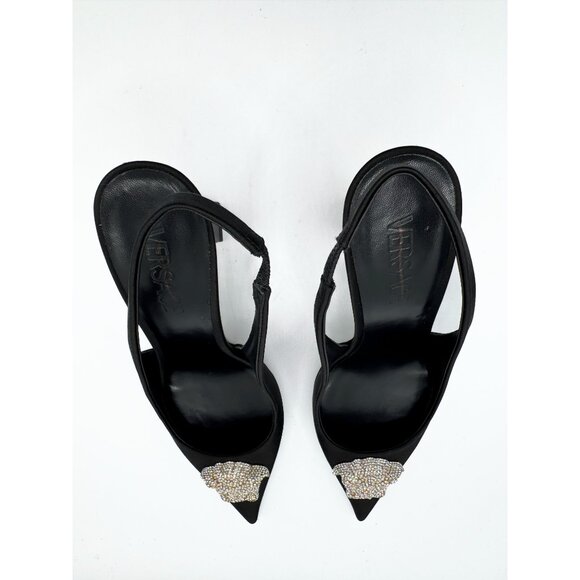 Versace Crystal Medusa Black Satin Slingback Pumps - Picture 6 of 10